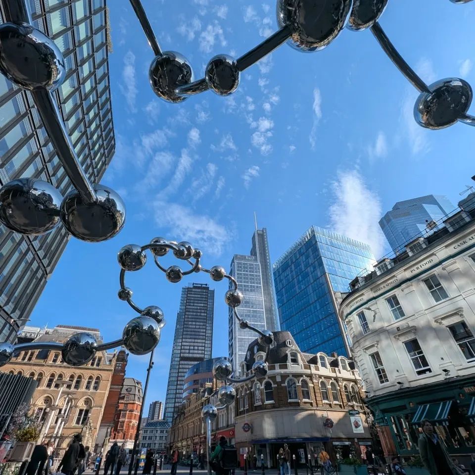 Looking up through a molecular sculpture in the City of London