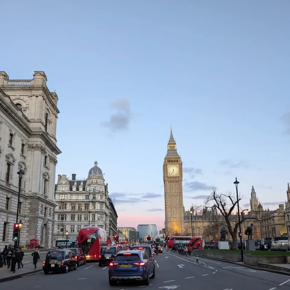 Whitehall at sunset with Big Ben at the end of the street