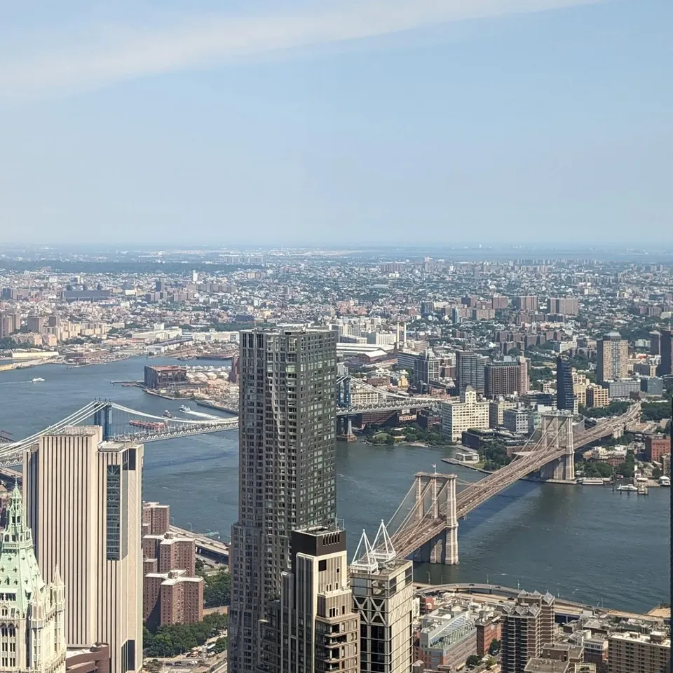 The Brooklyn Bridge and East River seen from high above Lower Manhattan