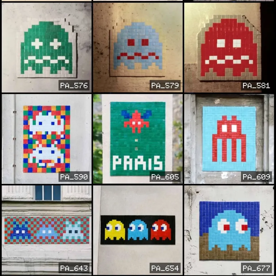 A grid of Space Invader mosaic tiles spotted around Paris