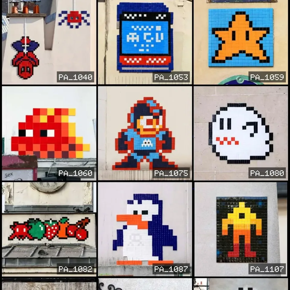 Another grid of pixel-art Space Invader mosaics found in Paris
