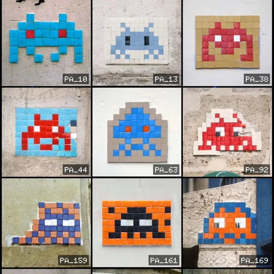 Colourful Space Invader mosaics collected on Paris streets