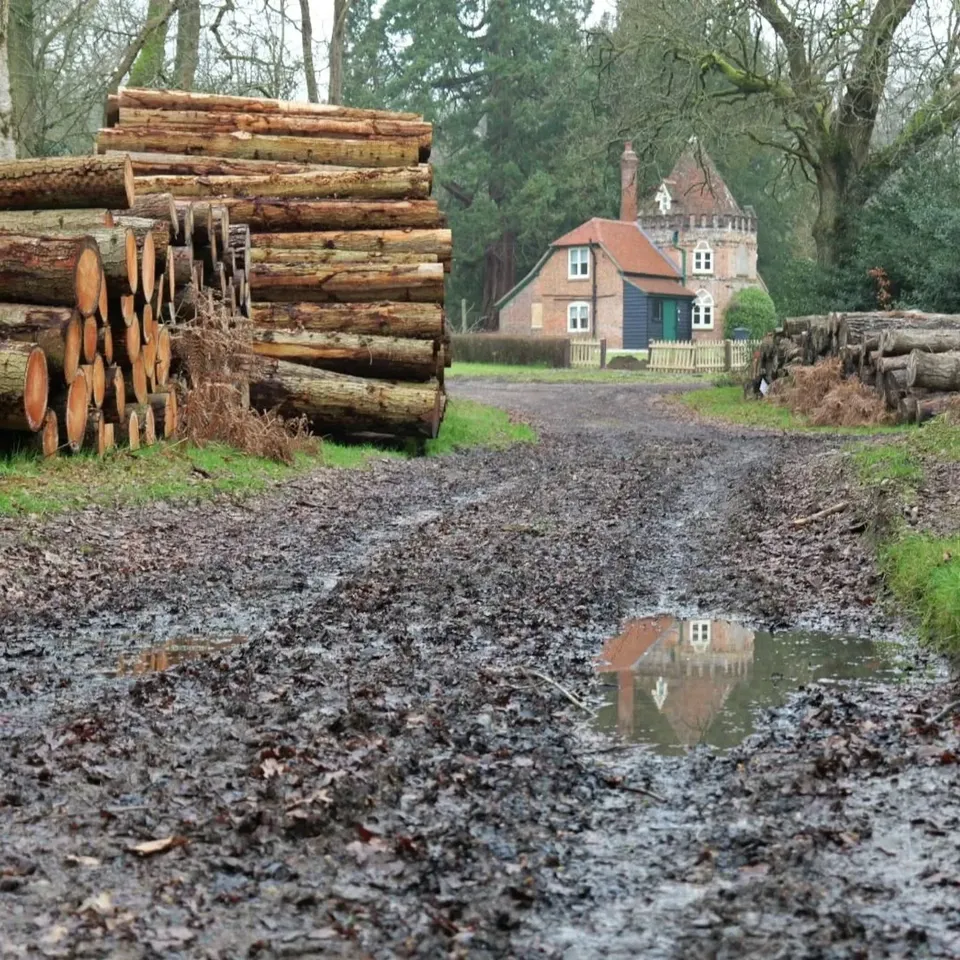 Stacked logs beside a muddy track leading to a brick lodge